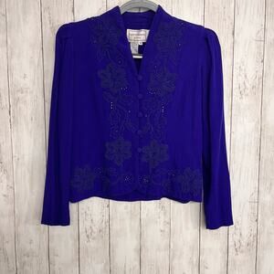 Vintage Karin Stevens Purple Embroidered Beaded Long Sleeve Button Front Blazer
